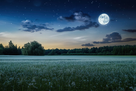 A large full moon shines brightly over a tranquil field, casting light on surrounding trees and stars.の写真素材