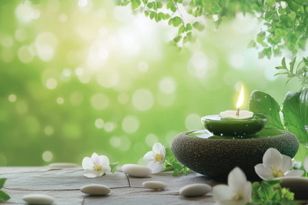 Green leaves and white flowers surround a candle on a stone, creating a calming atmosphere for relaxation.の写真素材