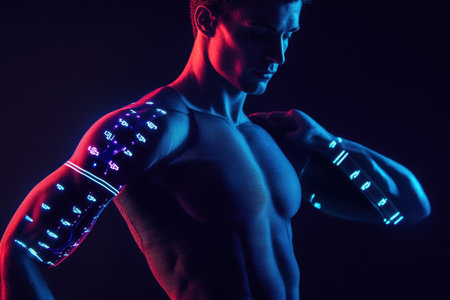 A muscular man stands under colored lights, featuring glowing patterns on his arms while posing confidently.の写真素材