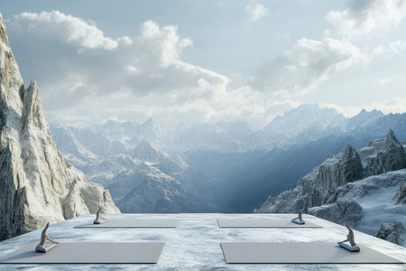 A stunning platform stands on a snowy mountain peak, providing breathtaking views of distant peaks and clouds.の写真素材