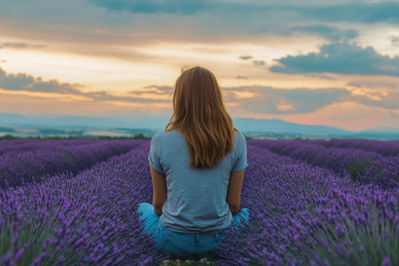 A woman sits quietly among vibrant lavender flowers during sunset, enjoying peace and nature's beauty.の写真素材