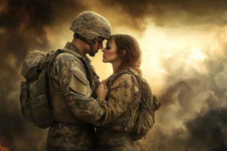 A soldier and a woman share an intimate moment, surrounded by a smoky, dramatic atmosphere during sunset.の写真素材