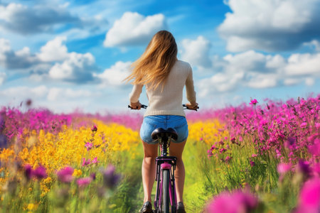 A person rides a bicycle through colorful flower fields on a sunny day, surrounded by blooming petals and fluffy clouds.の写真素材