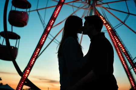 A couple shares a tender kiss silhouetted by a vibrant ferris wheel during sunset.の写真素材