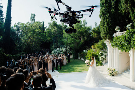 Guests gather in a scenic garden for a beautiful wedding ceremony while a drone records the moment.の写真素材