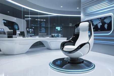 A high-tech workspace features a stylish chair and multiple computer screens displaying data and graphics.の写真素材