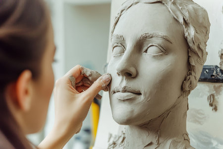 An artist carefully details a clay sculpture of a woman's face in a bright, modern studio.の写真素材