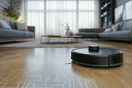 A robotic vacuum cleaner navigates a stylish living room with a bright and clean atmosphere, showcasing modern decor.の写真素材