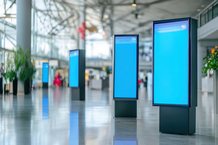 Empty digital display screens line the terminal in a bustling airport, awaiting traveler information updates.の写真素材