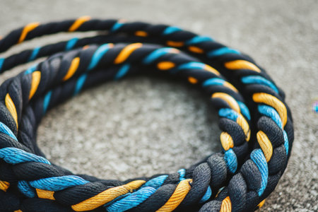 Coiled braided ropes with yellow, blue, and black patterns lie on a gray surface, highlighting their texture and colors.の写真素材