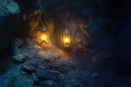 Two glowing lanterns hang in a dim cave, casting warm light on natural rock formations and shadows.の写真素材