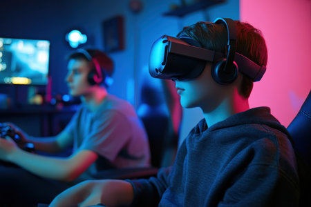 Two young individuals are immersed in gaming, wearing headsets and focused on their screens in a cozy setting.の写真素材