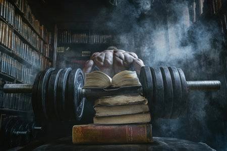 A muscular figure lifts weights placed on top of open books in a mysterious library filled with shelves.の写真素材