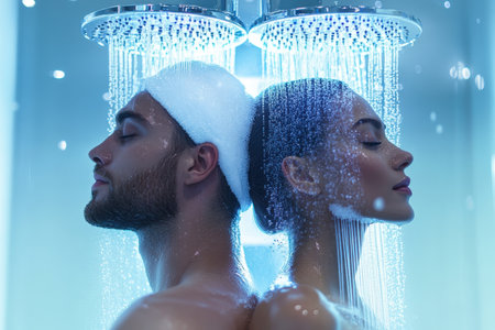 Two people share a serene shower moment, surrounded by soothing water streams and atmospheric lighting.の写真素材