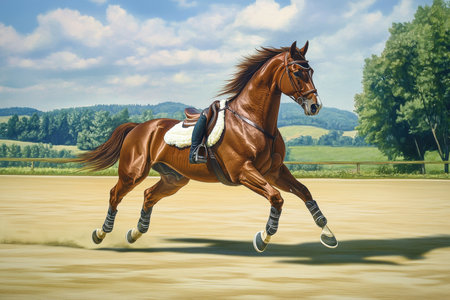 A majestic brown horse runs swiftly in a sandy area, surrounded by green trees and distant hills under a blue sky.の写真素材