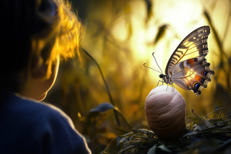 A young child watches in awe as a vibrant butterfly lands on a round, smooth object surrounded by soft grass and light.の写真素材