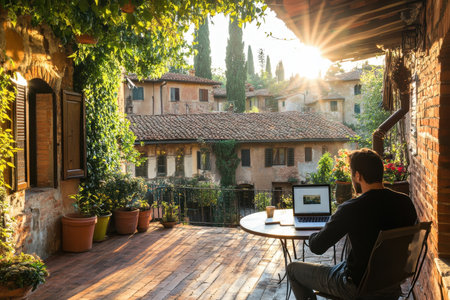 A person is working on a laptop from a terrace, enjoying morning sunlight and stunning views of historic houses.の写真素材