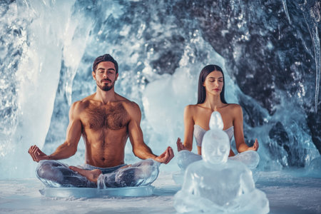 Two individuals meditate peacefully in a tranquil ice cave, surrounded by glacial formations and an ice Buddha.の写真素材