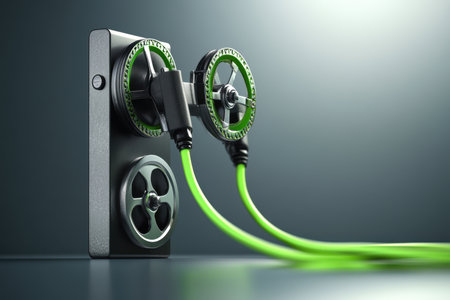 Unique design featuring wheels and vibrant green cables connected to a power outlet, showcasing modern energy concepts.の写真素材