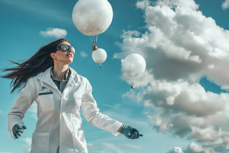 A scientist in a lab coat interacts with floating balloons outdoors under a clear blue sky.の写真素材