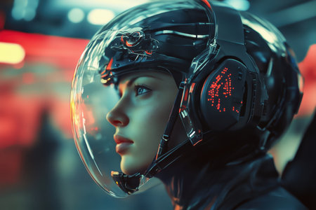 A soldier equipped with advanced gear prepares for a critical operation in a vibrant, urban setting.の写真素材