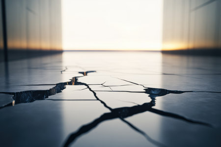 Cracks spread across a polished floor as sunlight filters through a hallway at dawn.の写真素材