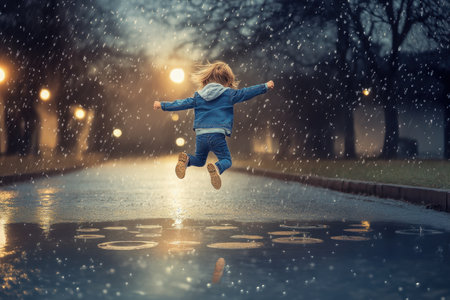 A young child in a blue outfit joyfully jumps in puddles during a rainy evening, illuminated by streetlights.の写真素材