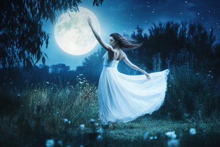 A woman gracefully dances in a flowing white dress under the bright full moon in a tranquil garden at night.の写真素材