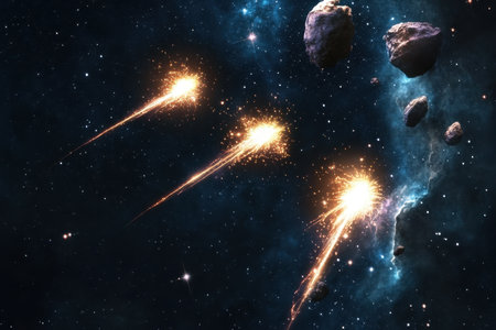 Three bright meteors blaze through a star-filled galaxy, showing the beauty of deep space.の写真素材