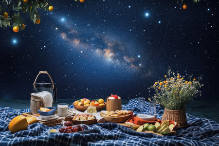 A spread of fruits and pastries laid out on a checkered blanket beneath a galaxy-filled night sky.の写真素材