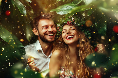 A couple shares laughter and happiness in a green garden filled with sunlight and colorful plants.の写真素材