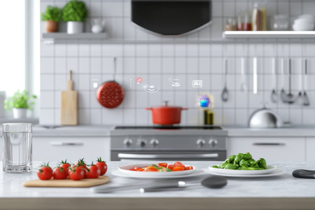 Bright kitchen displays fresh tomatoes and lettuce on white plates while a red pot simmers on the stove.の写真素材