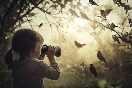 A joyful child uses binoculars to watch birds among trees during a tranquil sunset in nature.の写真素材