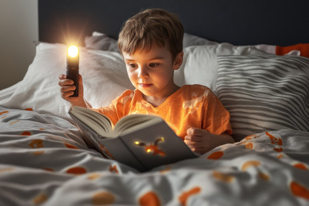 A young boy enjoys reading a book under soft covers using a flashlight in a warm, dimly lit room.の写真素材