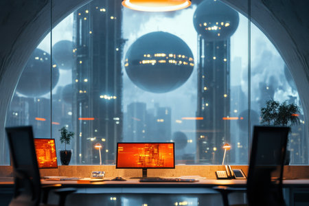 A modern office features two computers, sleek furniture, and a view of a high-tech cityscape with floating orbs.の写真素材