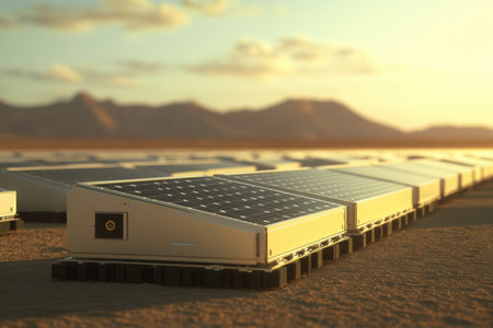 Solar panels are lined up in a desert setting, capturing sunlight as the sun sets behind mountains.の写真素材