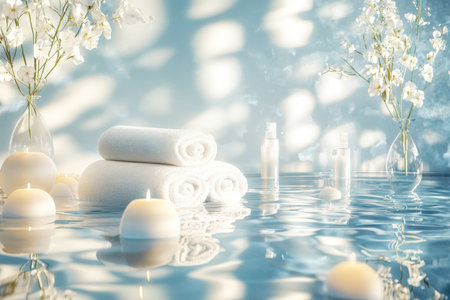 Towels and candles float on the water in a tranquil spa, complemented by fresh flowers in elegant vases.の写真素材