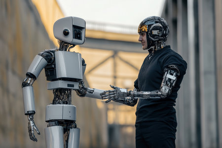 A person with a humanoid robotic arm shakes hands with a small robot.の素材