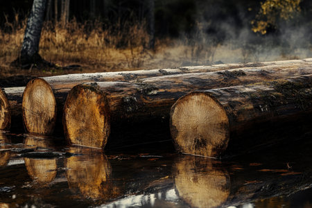 Smooth wooden logs lie partially submerged in still water, reflecting the misty forest in the background.の写真素材