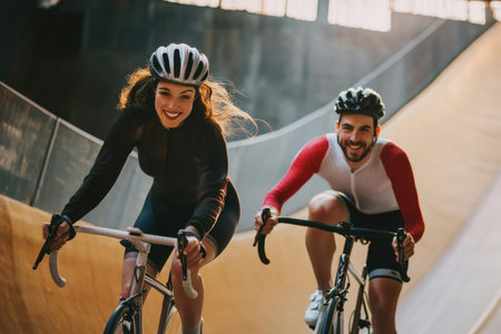Two cyclists race each other on a velodrome track, smiling and enjoying the fast-paced activity together.の写真素材