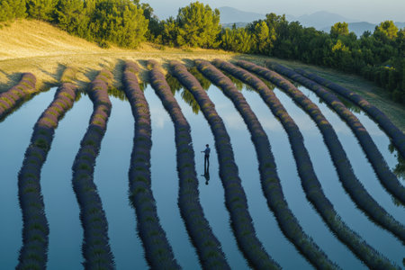 Lavendin rows create a stunning landscape, reflecting twilight hues while a figure strolls in tranquility.の写真素材
