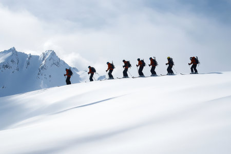 A group of skiers ascends a snow-covered slope under a cloudy sky, surrounded by majestic mountains.の写真素材
