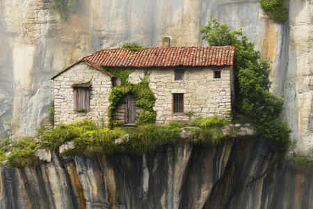 A quaint stone house is located on a cliff, surrounded by vibrant greenery and majestic rock formations.の写真素材