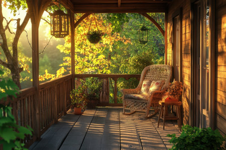 A porch adorned with a rocking chair and colorful plants enjoys warm sunlight in a serene atmosphere.の写真素材