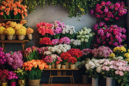 Colorful flowers arranged in baskets create a beautiful display in a floral shop during the afternoon.の写真素材