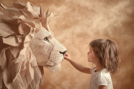 A young child reaches out to touch a detailed paper lion sculpture, showing creativity and curiosity.の写真素材