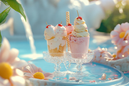 Delicious ice cream cups topped with cherries and sprinkles sit next to vibrant flowers by a fountain.の写真素材