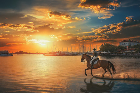 A rider gracefully guides a horse through calm waters as the sun sets, casting colorful reflections around.の写真素材