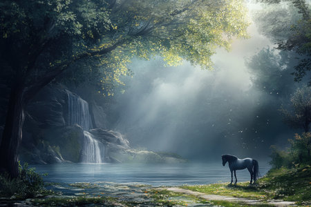 A graceful horse stands near a serene waterfall, surrounded by lush greenery and soft sunlight filtering through trees.の写真素材