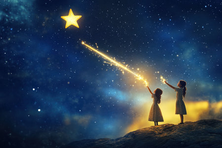 Two girls in white dresses stand on a rocky surface, reaching out to a bright star in a magical night sky.の写真素材